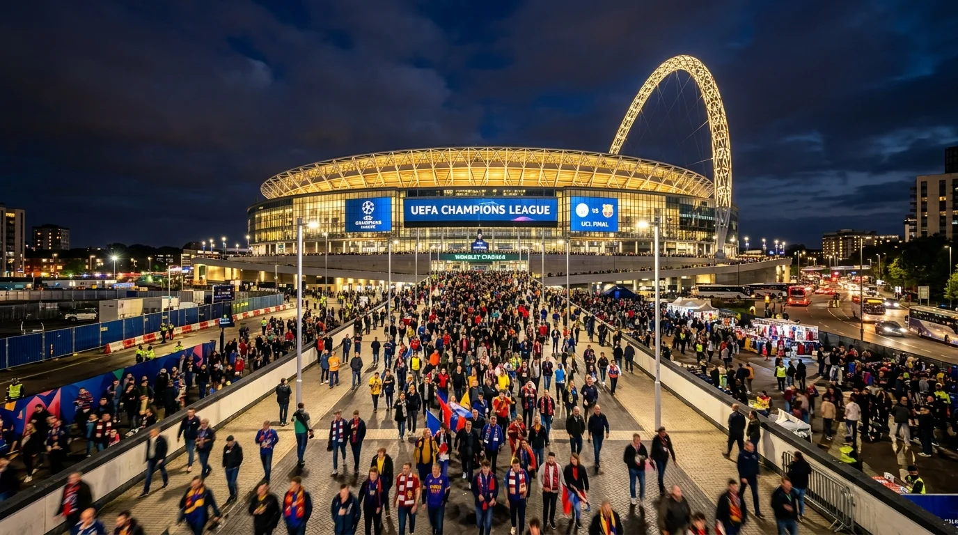 UEFA Champions League stadium at night, dramatic lights