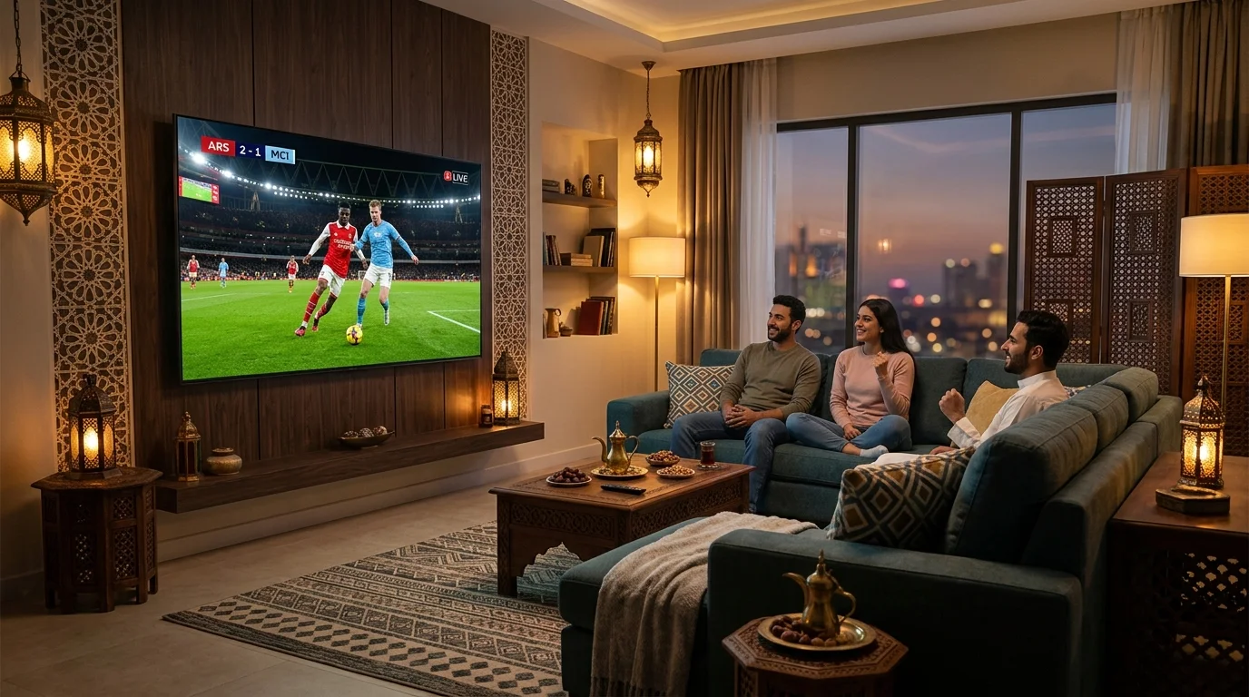 Modern TV lounge watching sports in Middle East